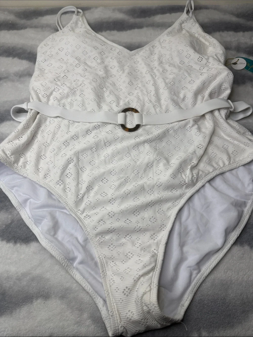 Mynah White Eyelet One-Piece Swimsuit with Decorative Ring Belt